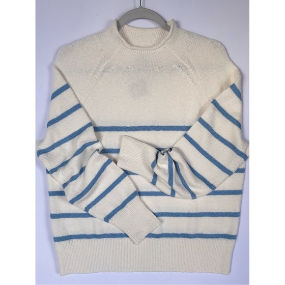 Eddie Bauer Sweaters - Eddie Bauer White Blue Striped Mock Neck Raglan Sleeve Sweater XS Oversized